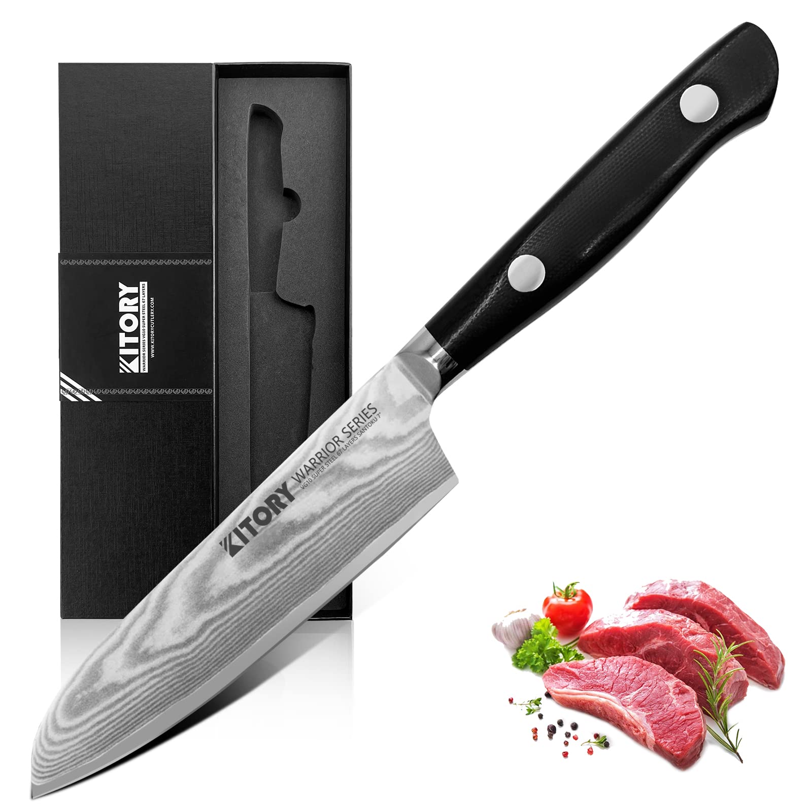 Kitory Damascus Santoku Knife 7", for bigger or larger hands, Japanese Kitchen Knife with VG10 67 Layers Super Steel- Black G10 Handle-Gift Box Included, 2024 Gifts For Women and Men