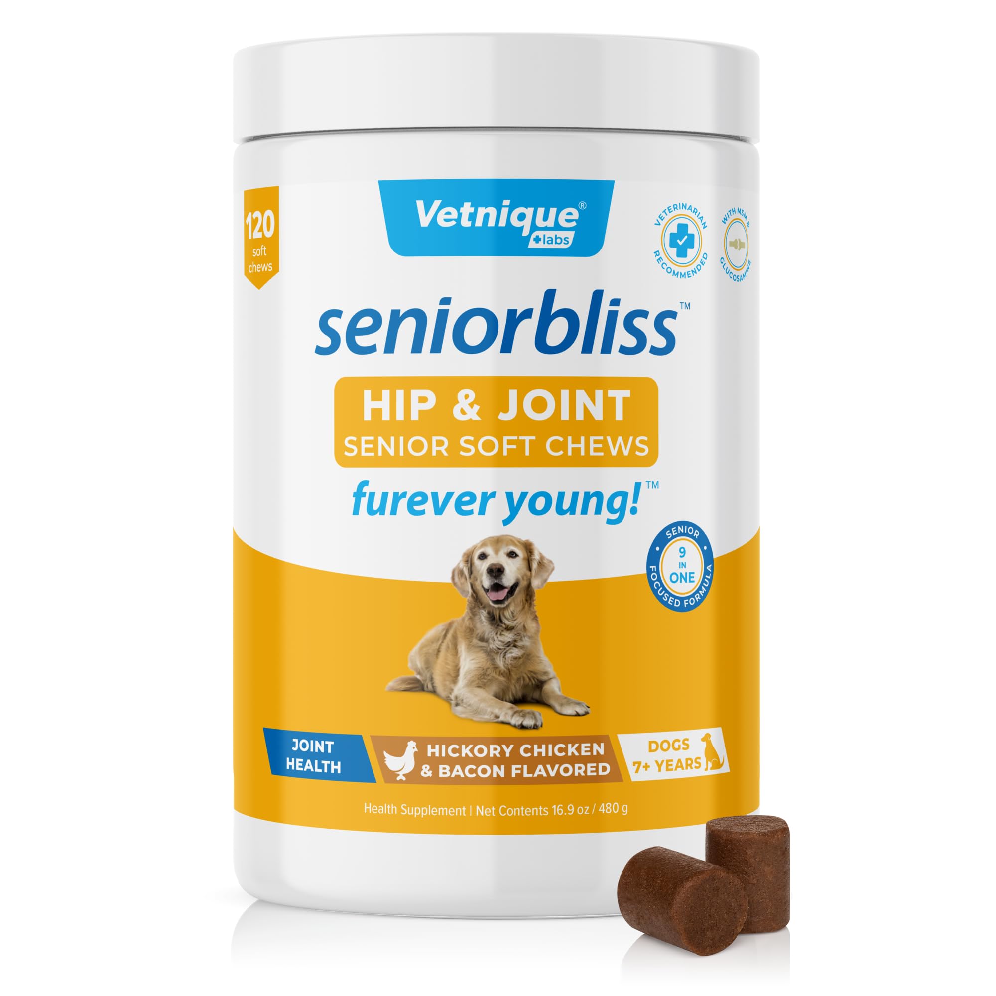 Vetnique Seniorbliss Senior Dog Joint Supplement with Glucosamine and Chondroitin for Dogs Joint Support and Healthy Cartilage Development - for Small & Large Breeds (Hip & Joint Chew, 120ct)