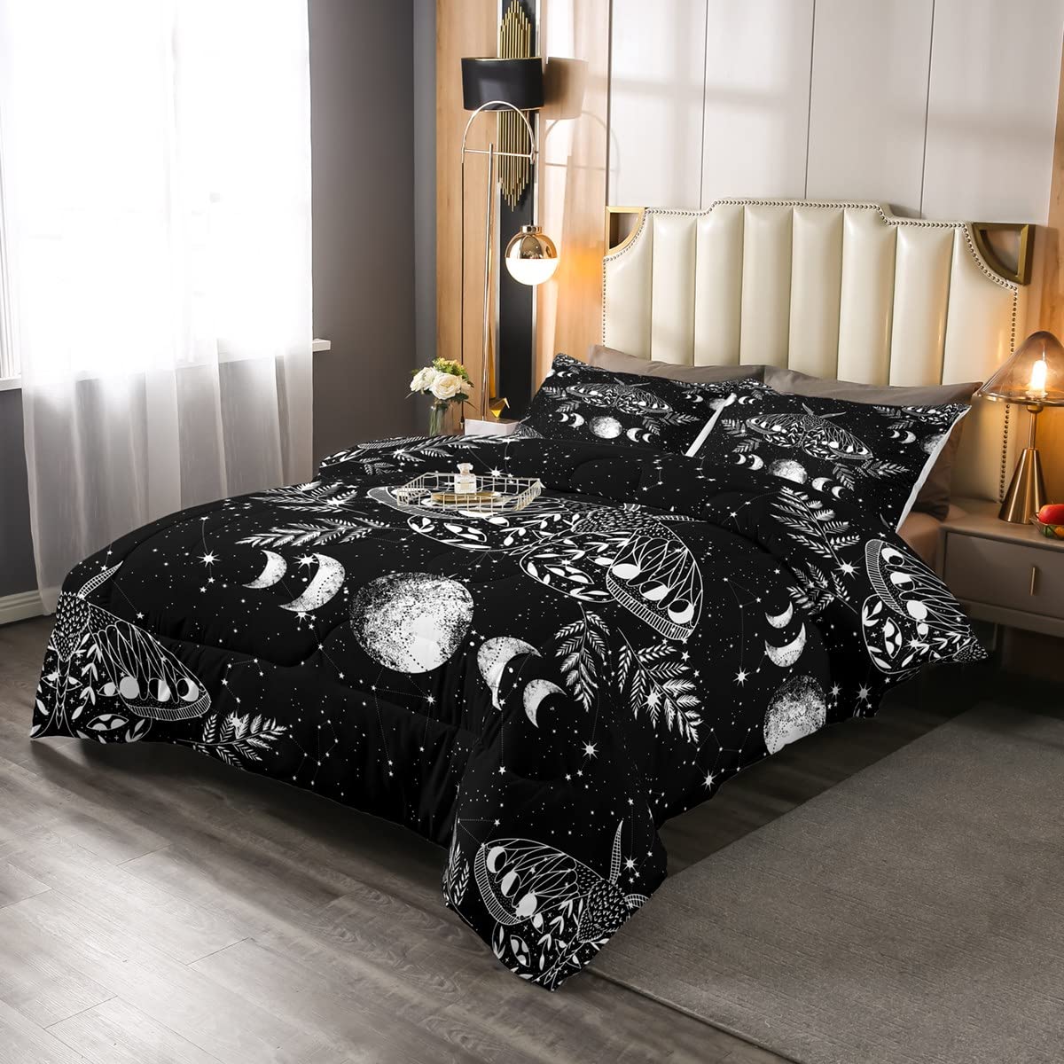 Erosebridal Gothic Moth Comforter Set Full Size Skeleton Halloween Boho Death Moth Decor Quilted Duvet Animal Skeleton Skull Down Comforter Bohemian Sun and Moon Duvet Insert with 2 Pillowcases