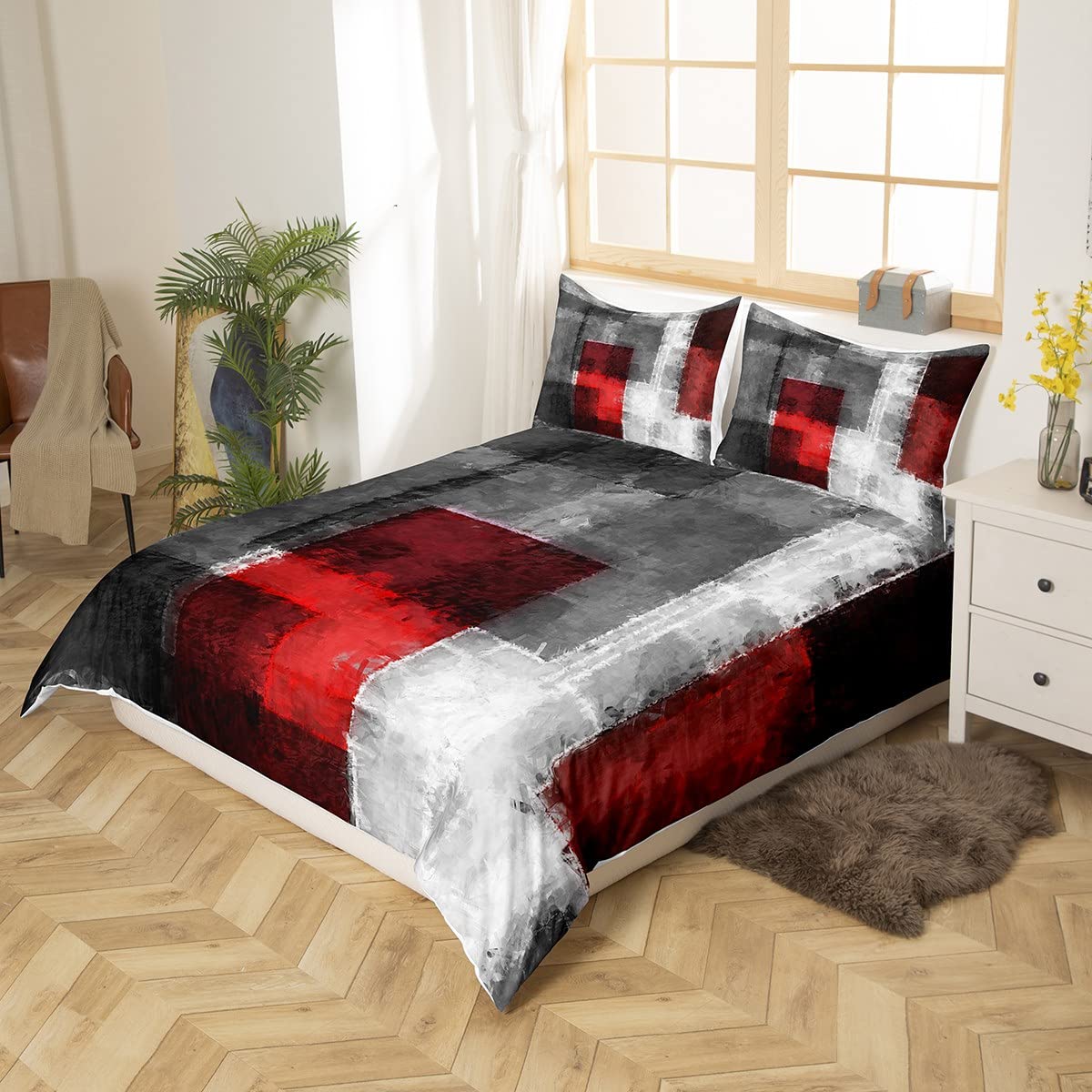 Art Graffiti Geomerty Comforter Cover,Red Grey White Rectangle Duvet Cover Set for Girls Teens Bedroom Gift,Abstract Geometric Painting Soft Bedding Set with 2 Pillowcases, Full Size (No Comforter)