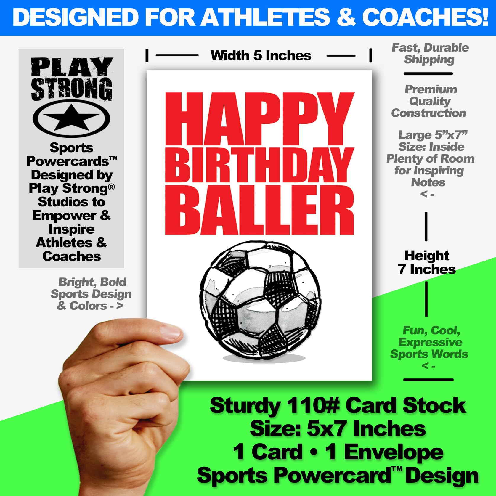 Play Strong Soccer Happy Birthday Baller Birthday Card 1-Pack (5x7) Illustrated Sports Birthday Cards Greeting Cards Awesome for Soccer Players, Coaches and Fans Birthdays, Gifts and Parties!