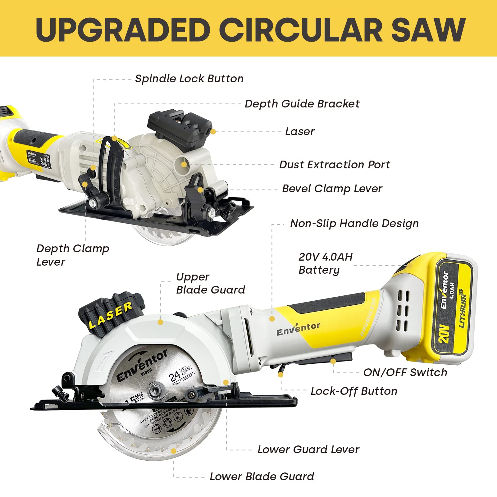 ENVENTOR Cordless Mini Circular Saw, 20V Brushless Circular Saw 4-1/2" Saw Blades with Laser Guide, 4.0AH Battery, Fast Charger, 3800RPM, Max Cutting Depth 1-11/16"(90°), 1-1/8"(45°) for Wood, PVC