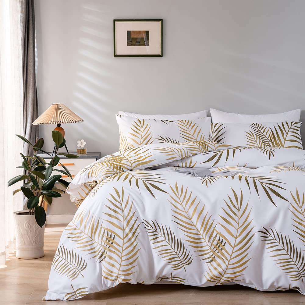 Nayoroom Gold Leaf Duvet Cover Queen Size Tropical Botanical Leaves Printed on White Bedding Set Soft Lightweight Microfiber Garden Farmhouse Comforter Covers with Zipper Closure Corner Ties