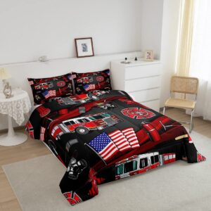 American Flag Comforter Set Queen Size,Cartoon Fire Truck Bedding Set 3pcs for Kids Teen Girls Boys Room Decor, Fire Fighting Supplies Quilt Set Fire Extinguisher Duvet Insert with 2 Pillowcases