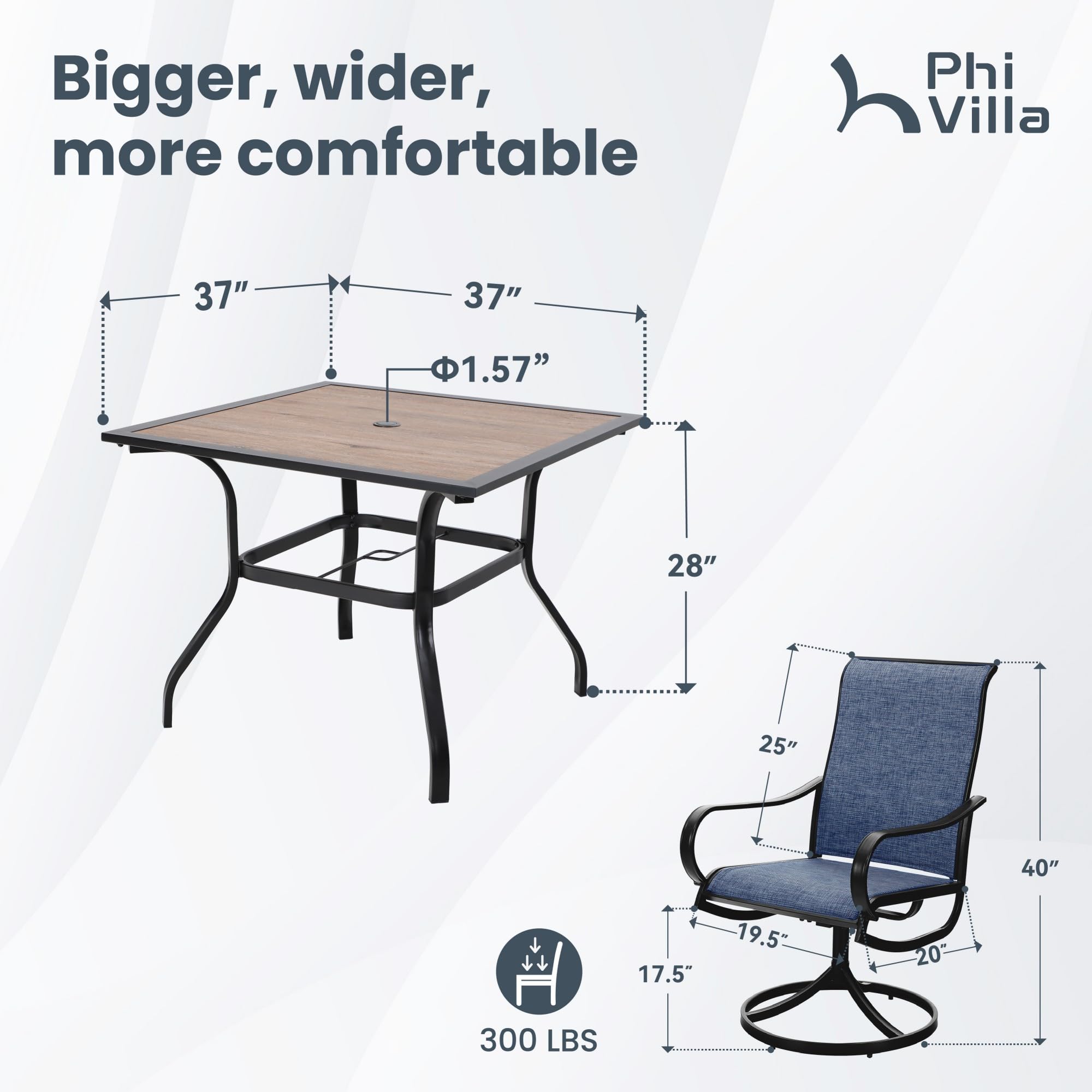 PHI VILLA Patio Dining Set 5 Piece, 4 Breathable Textilene Swivel Patio Chairs and 1 Round Metal Table with 1.57" Umbrella Hole, All Weather Resistant for Lawn Garden