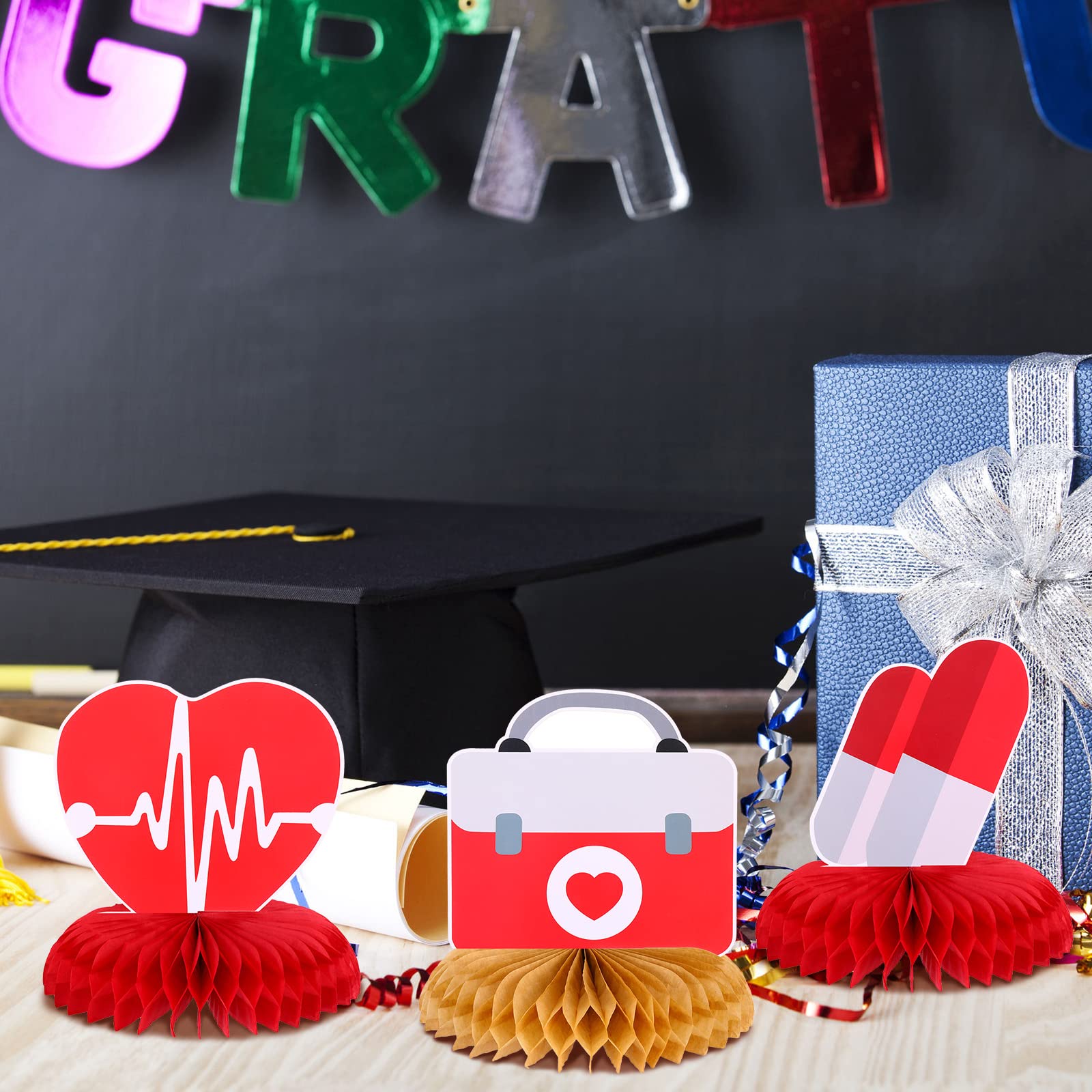 9 Pieces Nurse Graduation Honeycomb Centerpiece Nurse Graduation Party Decoration Nurse Table Centerpiece for Nurse Graduation Party Favor Supplies