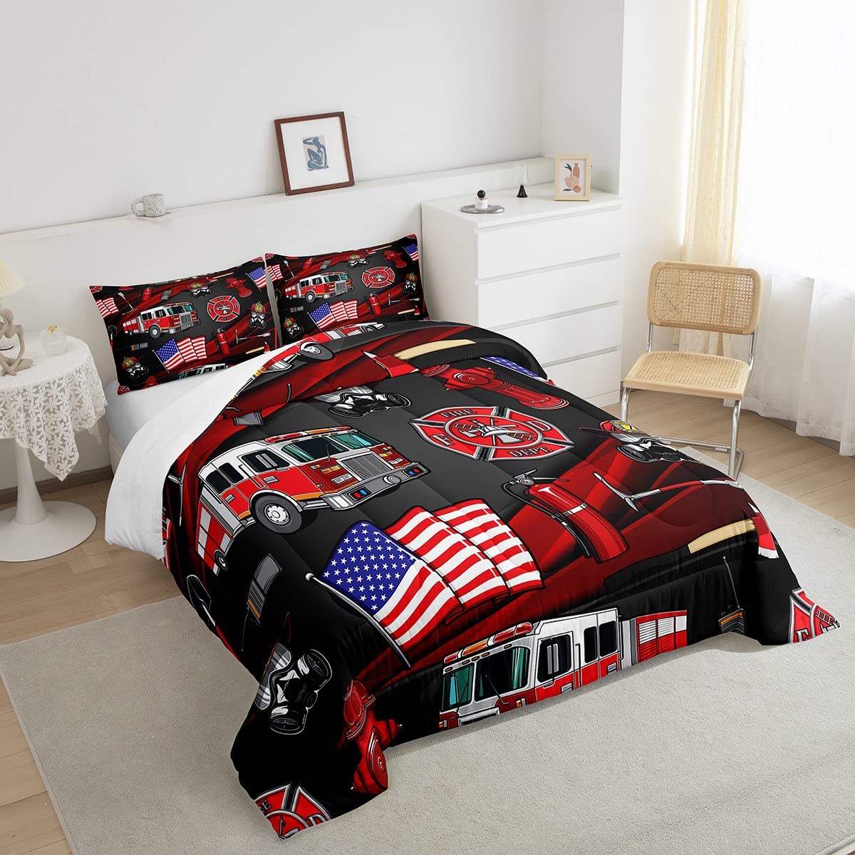 American Flag Comforter Set Queen Size,Cartoon Fire Truck Bedding Set 3pcs for Kids Teen Girls Boys Room Decor, Fire Fighting Supplies Quilt Set Fire Extinguisher Duvet Insert with 2 Pillowcases