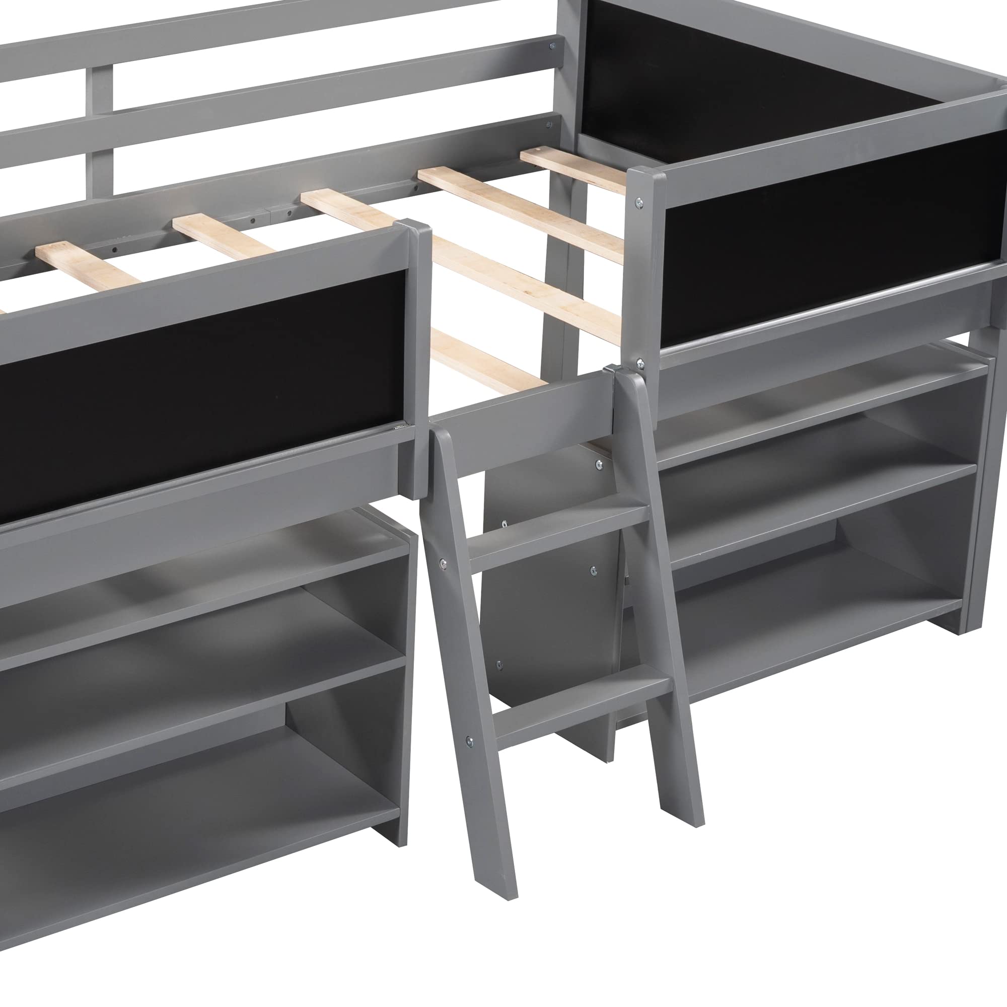 Harper & Bright Designs Kids Low Loft Bed with 2 Movable Storage Shelves, Twin Loft Bed Frame with Chalkboard and Ladder, Multifunctional Loft Bed for Kids Boys&Girls No Box Spring Needed (Gray)