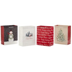 Hallmark 9" Medium Christmas Gift Bags (4 Bags: Snowy Tree, Rustic Farmhouse, Snowman, "Merry Christmas") in Gray, Red, White, Brown