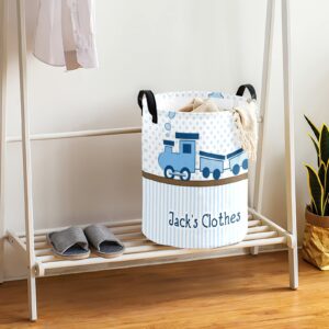 Blue Train Dots Stripes Personalized Freestanding Laundry Hamper, Custom Waterproof Collapsible Drawstring Basket Storage Bins with Handle for Clothes