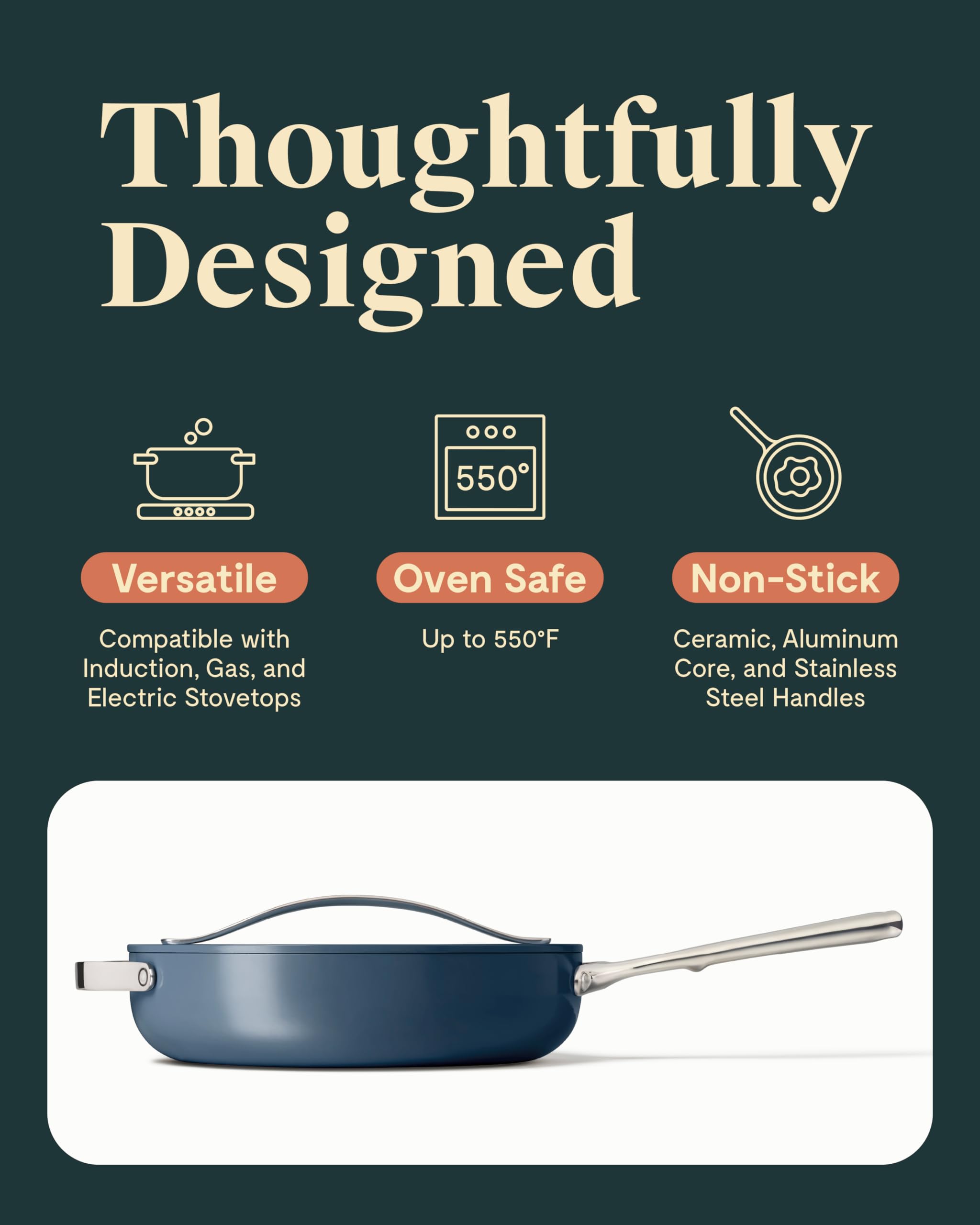 Caraway Nonstick Ceramic Sauté Pan with Lid (4.5 qt, 11.8") - Non Toxic, PTFE & PFOA Free - Oven Safe & Compatible with All Stovetops (Gas, Electric & Induction) - Navy