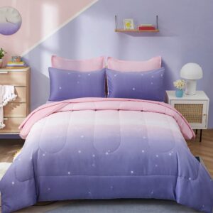 girls comforter set queen size 7 pieces bed in a bag ombre pink purple rainbow bedding set collections for teen women (1 comforter, 1 flat sheet, 1 fitted sheet, 2 pillow shams, 2 pillowcases)