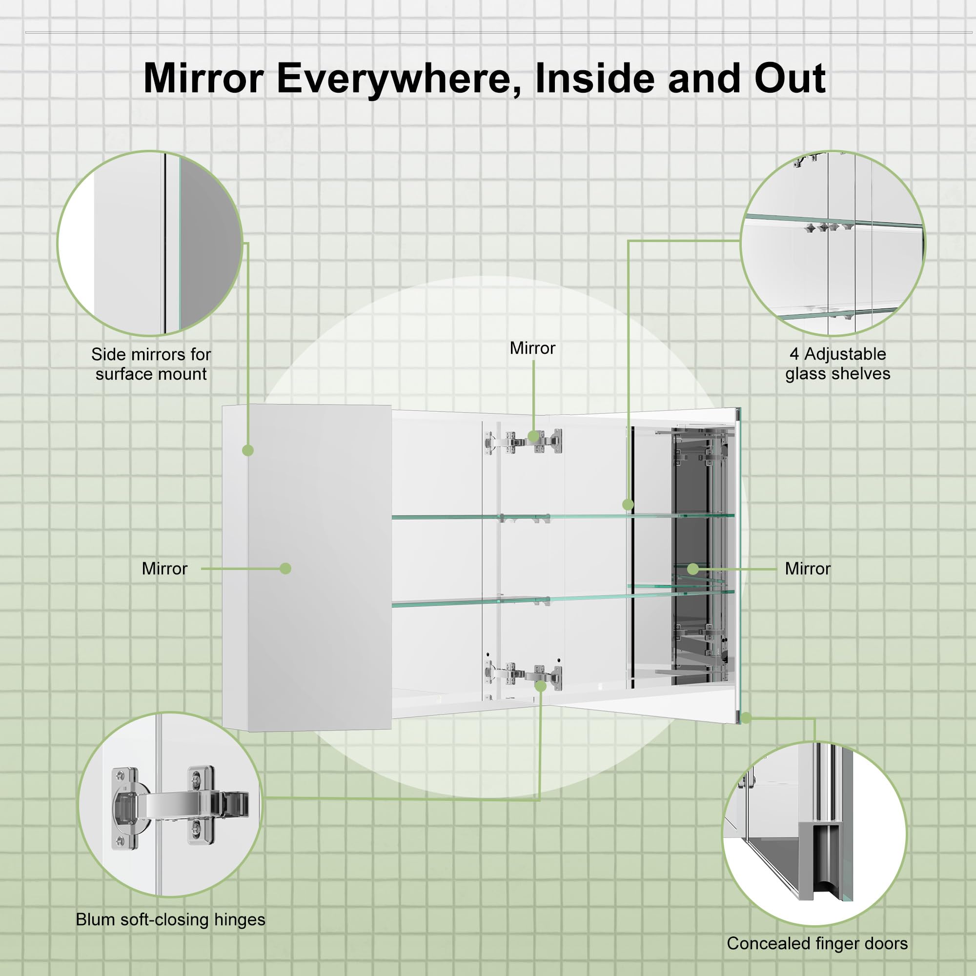 Sunrosa Aluminum Bathroom Medicine Cabinet with Mirror Door, 48"×27.5" Bathroom Mirror Cabinet, Wall-mountable and Recessed-in Mirror Cabinet, 3 Doors Medicine Cabinet Organizer