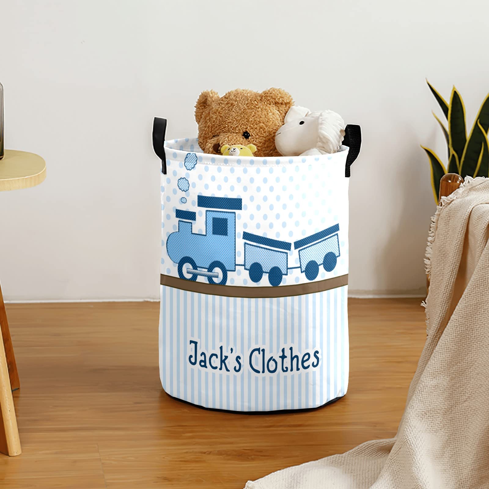 Blue Train Dots Stripes Personalized Freestanding Laundry Hamper, Custom Waterproof Collapsible Drawstring Basket Storage Bins with Handle for Clothes