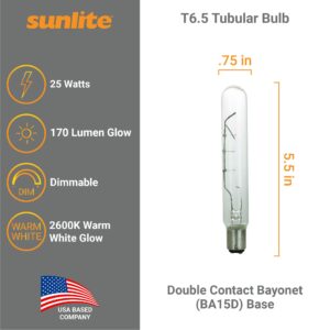 Sunlite 41666 Incandescent T6.5 Tubular Light Bulb, BA15D Double Contact Bayonet Base, 25 Watts, 170 Lumens, Dimmable, Mercury Free, 2600K Warm White, Clear Glass, 6 Count