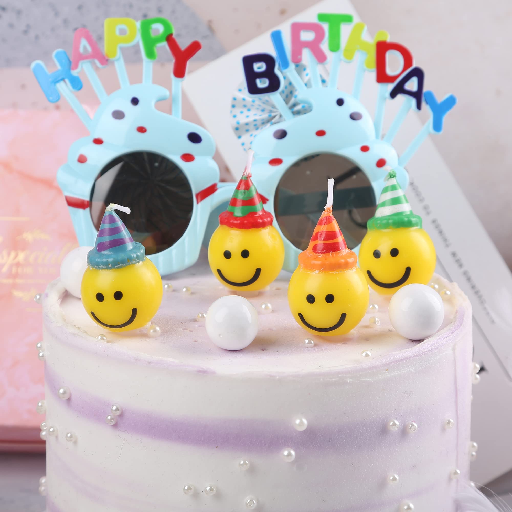 BoKin Smiley Face Birthday Candles, 4Pcs Cute Smile Face Candles One Happy Dude Birthday Cake Candles Toppers for Birthday Party Wedding Anniversary Valentines Day Christmas Festival