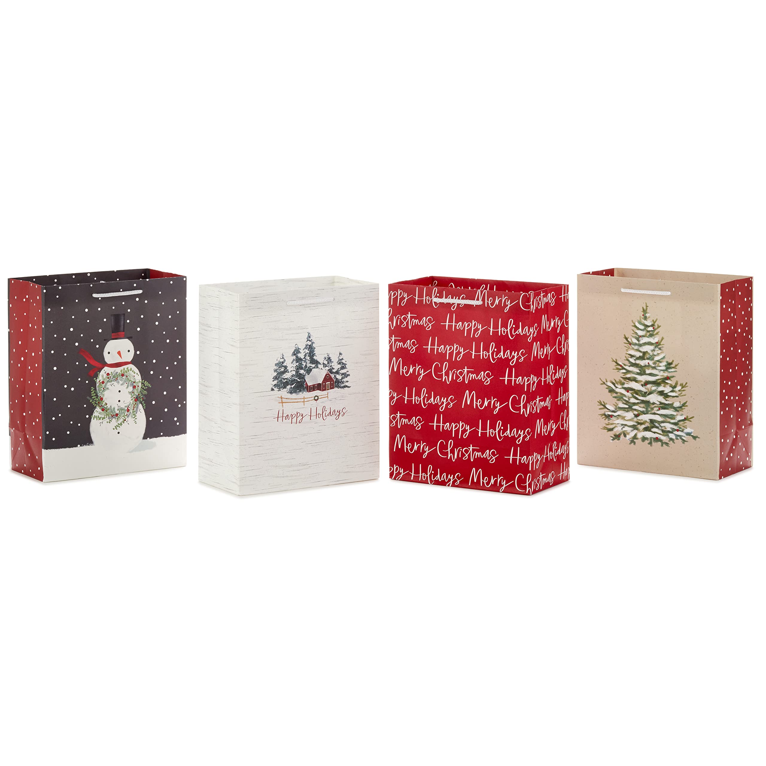 Hallmark 9" Medium Christmas Gift Bags (4 Bags: Snowy Tree, Rustic Farmhouse, Snowman, "Merry Christmas") in Gray, Red, White, Brown