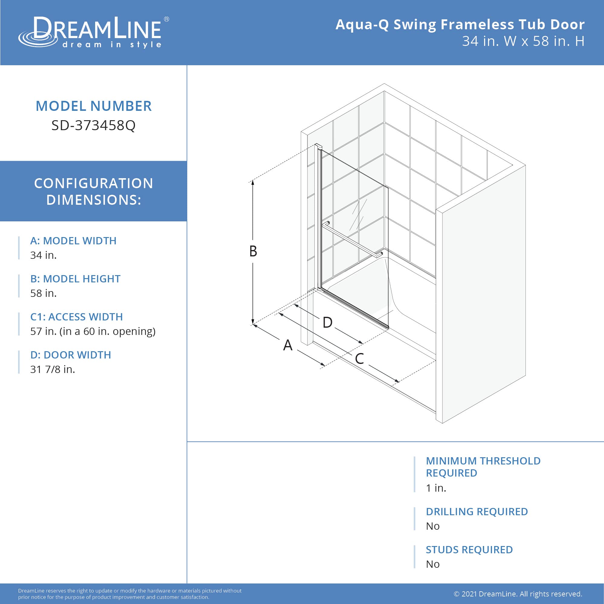 DreamLine Aqua-Q Swing 34 in. W x 58 in. H Frameless Tub Door in Chrome