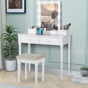 aodailihb vanity set with lighted mirror & stool, dressing table makeup vanity desk with 2 drawers/clear glass table top/3 color lighting modes girls gift bedroom furniture (white)