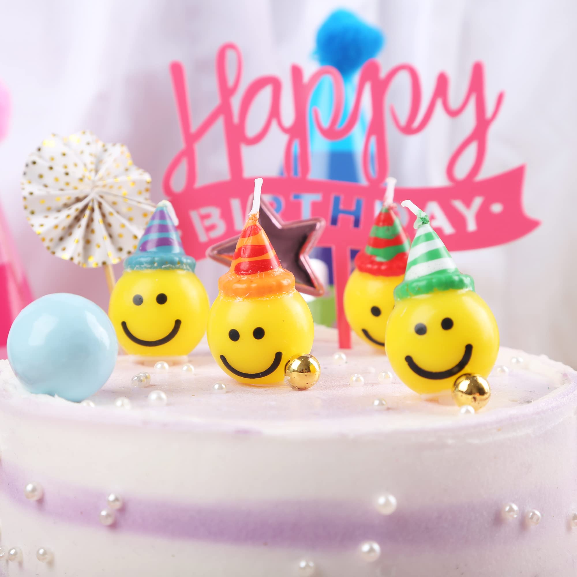 BoKin Smiley Face Birthday Candles, 4Pcs Cute Smile Face Candles One Happy Dude Birthday Cake Candles Toppers for Birthday Party Wedding Anniversary Valentines Day Christmas Festival