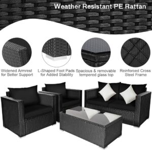 DORTALA 4PCS Patio Rattan Furniture Set, Sofa Set w/Conversation Set w/Seat & Back Cushions, Outdoor Sectional Chair Set for Poolside, Black