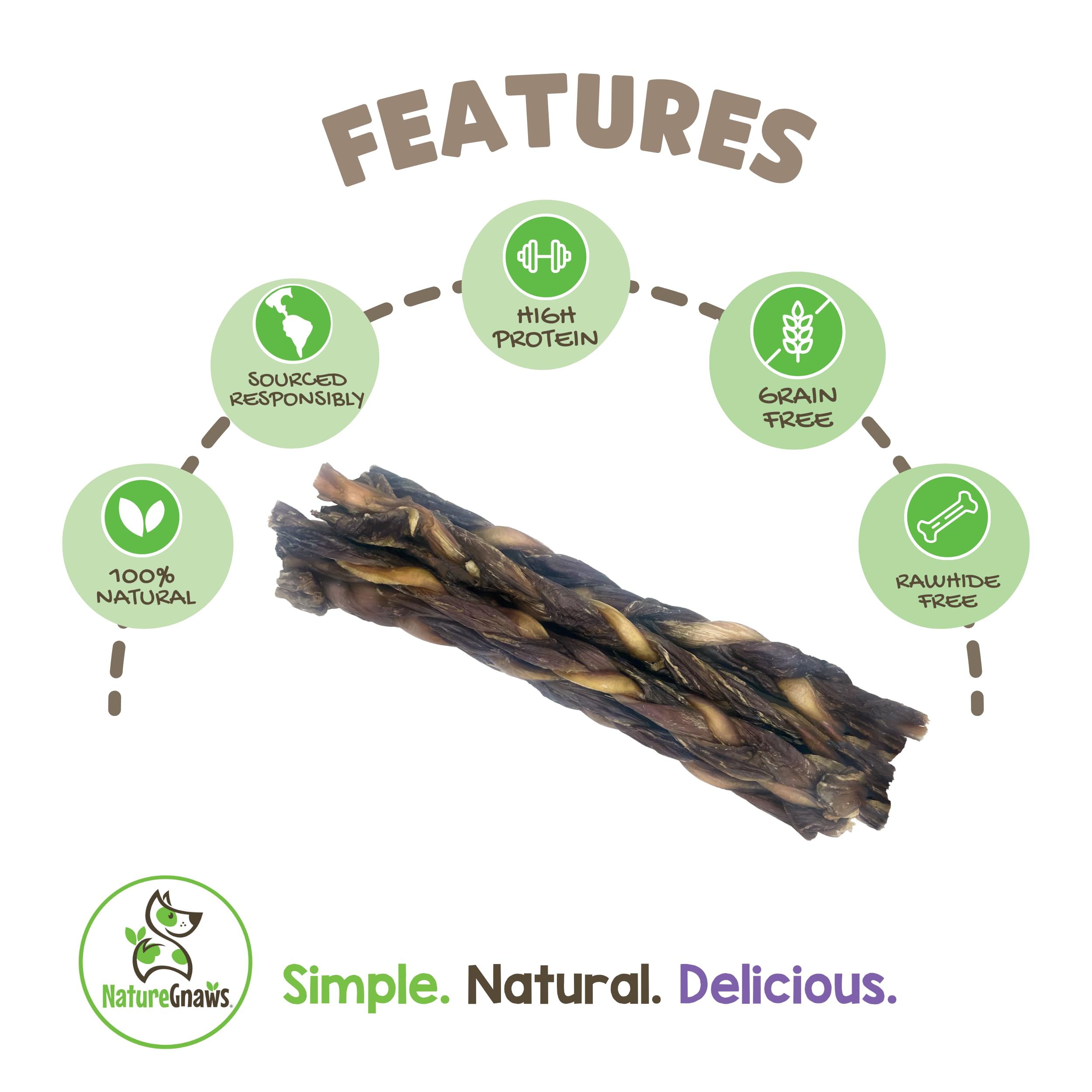 Nature Gnaws Braided Bully Twists for Dogs 11-12" (5 Count) - Long Lasting for Aggressive Chewers and Large Dogs - Natural Beef Dog Chew Bones