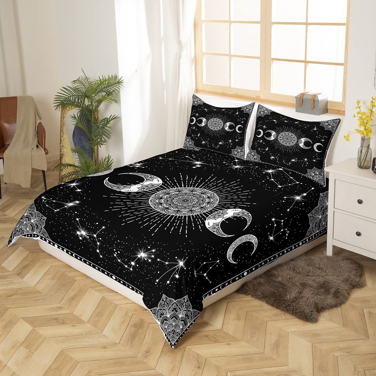 Erosebridal Sun and Moon Duvet Cover Black and White Bedding Set 3pcs for Kids Boys Teens Microfiber Bedspread Cover with 2 Pillow Cases(No Comforter) Full Size