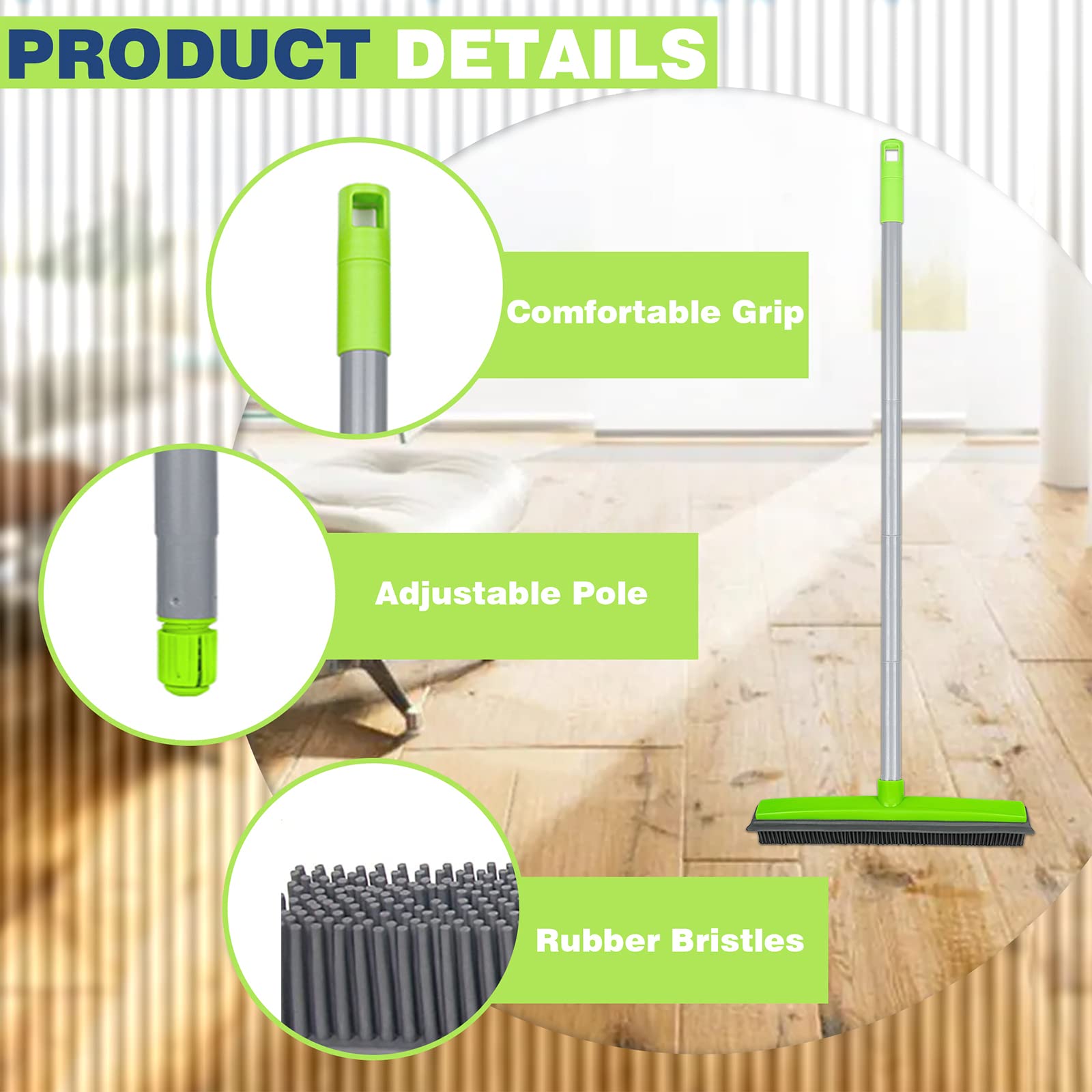 Rubber Broom Pet Hair Remover, Silicone Brooms for Floor Cleaning, Tile, Windows, Carpet Squeegee with Telescoping Handle, Extends from 31 inch to 58 inch, Perfect for Sweep, Scrap