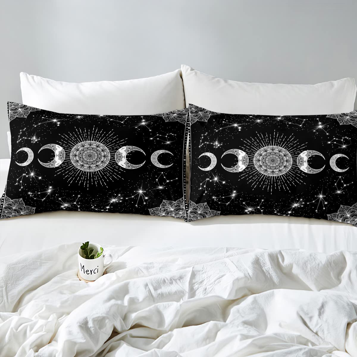 Erosebridal Sun and Moon Duvet Cover Black and White Bedding Set 3pcs for Kids Boys Teens Microfiber Bedspread Cover with 2 Pillow Cases(No Comforter) Full Size