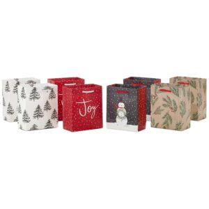 Hallmark 6" Small Holiday Gift Bags (8 Bags: Winter Foliage, Rustic Snowman, "Joy" on Red, Black and White Trees) for Gift Cards, Winter Wedding Party Favors, Teacher Presents