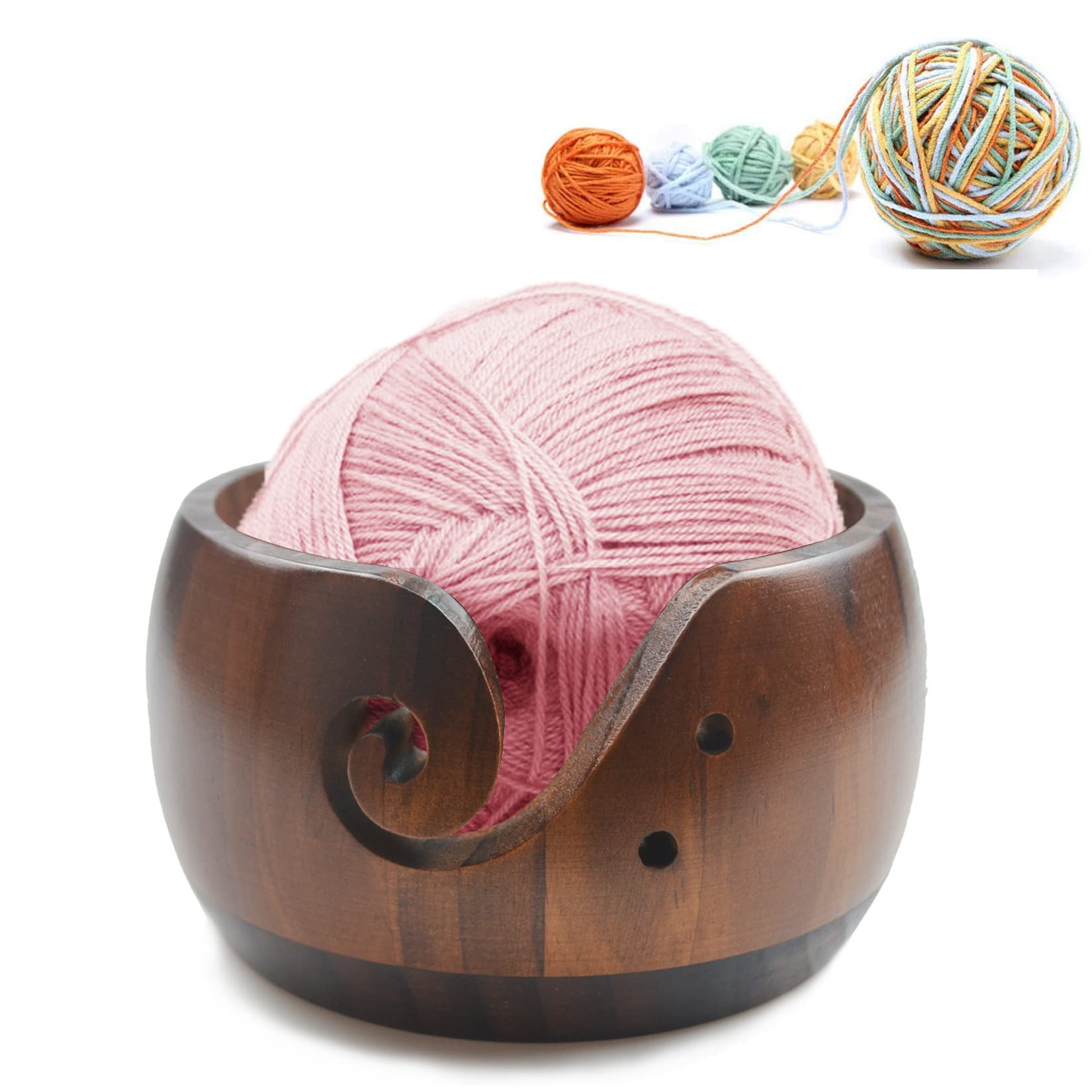 Joyeee Handmade Yarn Bowl, 6'' Crafted Wooden Yarn Storage Bowl with Carved Holes & Drills Holes Crocheting Knitting Bowl Yarn Holder Gift for Knitting Crochet Enthusiasts