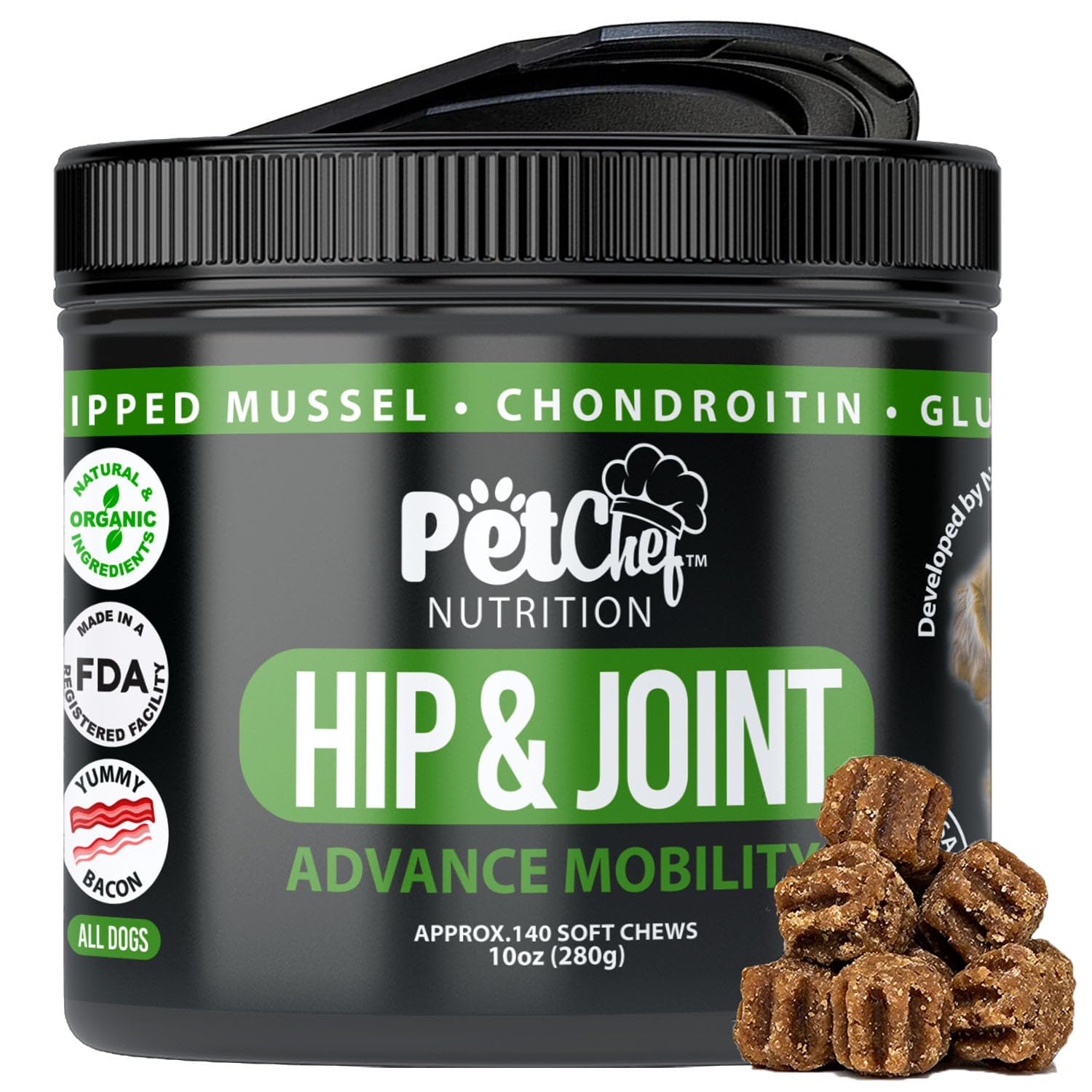 Pet Chef Advanced Dog Hip & Joint Supplement Treat - Glucosamine, Chondroitin & Turmeric MSM Breeds-Reduce Pain, Inflammation & Arthritis. Super Dog Hip & Joint Treat. Renews All Dogs.