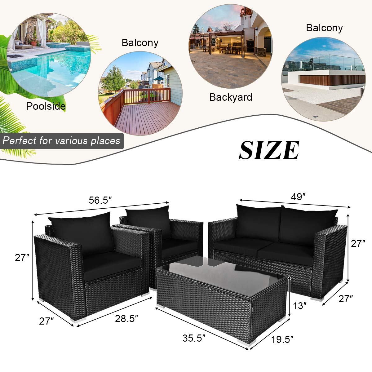 DORTALA 4PCS Patio Rattan Furniture Set, Sofa Set w/Conversation Set w/Seat & Back Cushions, Outdoor Sectional Chair Set for Poolside, Black