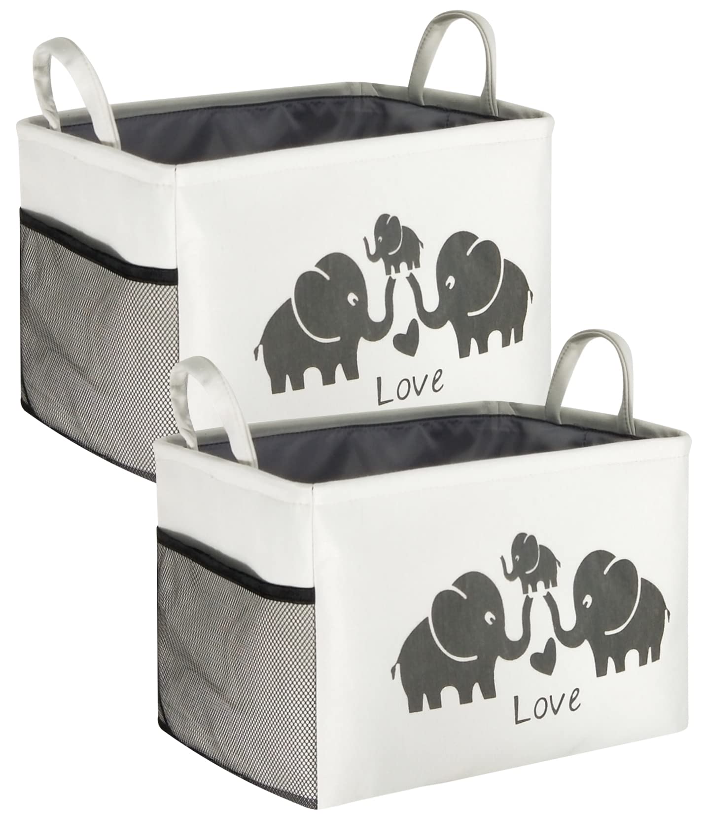 HIYAGON 2 Pack Rectangular Storage Basket,Canvas Toys Storage Bin Organizer,Large Storage Box with Sides Mesh pockets for Home,Shelves,Closet,Bedroom(2 Love Elephants)