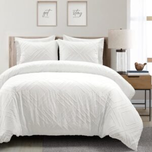 lush decor diamond clip jacquard duvet cover 3 piece set, king, white