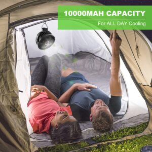 Odoland 10000mAh Camping Rechargeable Fan with Hanging Hook Carabiner, Portable Battery Operated Tent Fan, Quiet Strong Airflow, Outdoor Small Fan USB Desk Fan for Picnic Travel Barbecue Fishing