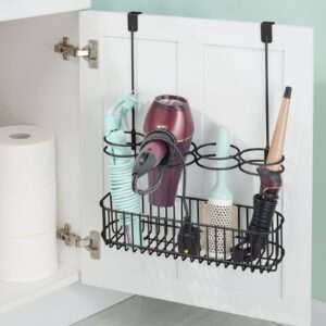 mDesign Metal Bathroom 4 Section Storage Tool Organizer Basket Tray - Hang Over Cabinet Door - Storage for Hair Dryer, Straightener, Curling Iron, Styling Products - Concerto Collection - Black