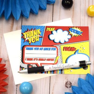 Comic Book Super Hero Birthday Thank You Notes, Ten 4" x 5.5" Fill In The Blank Cards with 10 White Envelopes by AmandaCreation