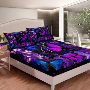 Purple Butterfly Bed Sheets Deep Pocket Queen,Mystic Galaxy Bed Sheet Set Blue Butterfly Bedding Sets For Kids Girls Teens Women,Psychedelic Starry Sky Fitted Sheet Aesthetics Flat Sheet 4 Pcs