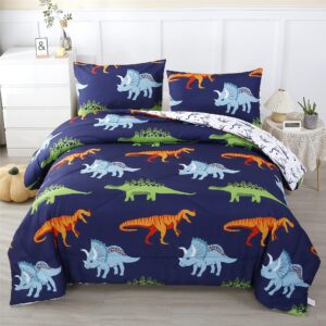 rynghipy cartoon dinosaur comforter set, dark blue dinosaur kids bedding set for boys, dinosaurs print comforter sets for kids/toddlers/teens (dinosaur,twin)