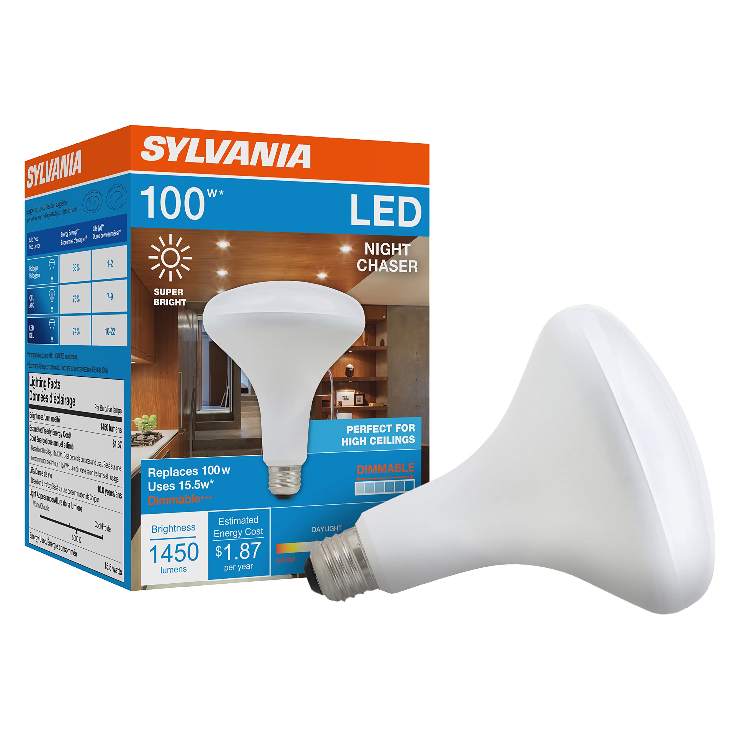 Sylvania Night Chaser LED BR30 Light Bulb, 100W = 15.5W, Dimmable, 10 Year, Super Bright, 1450 Lumens, 5000K, Daylight – 1 Pack (41105)