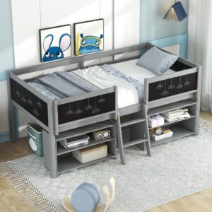 citylight low loft bed twin with two movable shelves and ladder, junior loft bed with decorative guardrail chalkboard, wood kids loft bed for girls boys,grey