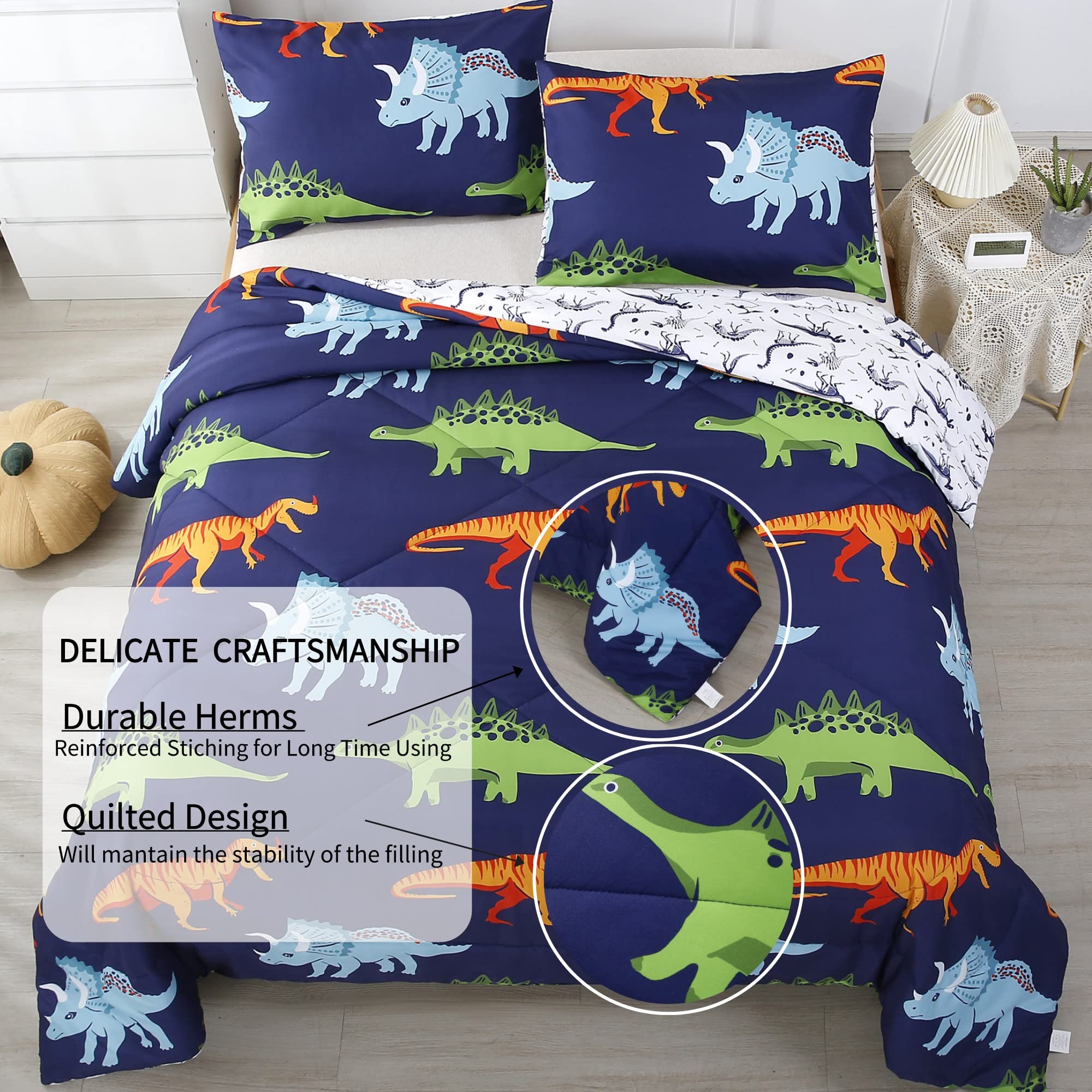 RYNGHIPY Cartoon Dinosaur Comforter Set, Dark Blue Dinosaur Kids Bedding Set for Boys, Dinosaurs Print Comforter Sets for Kids/Toddlers/Teens (Dinosaur,Twin)