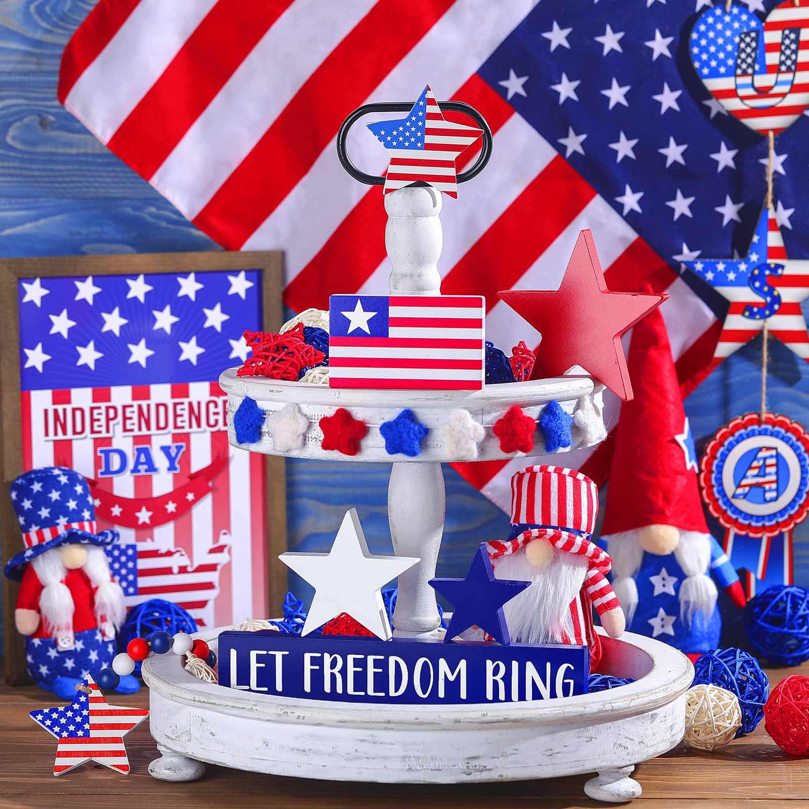 5 Pieces Independence Day Wooden Table Centerpieces Sign Patriotic Star Table Decoration Memorial Day Wooden Table Centerpieces Sign Independence Day Tray for 4th of July Party Table Desk Home Decor