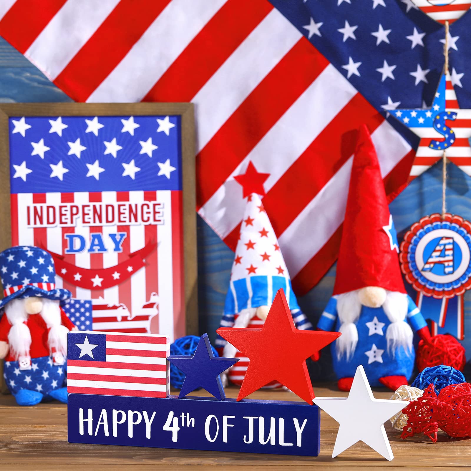 5 Pieces Independence Day Wooden Table Centerpieces Sign Patriotic Star Table Decoration Memorial Day Wooden Table Centerpieces Sign Independence Day Tray for 4th of July Party Table Desk Home Decor