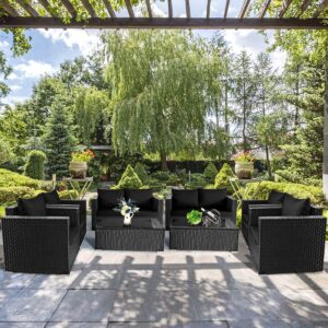 DORTALA 4PCS Patio Rattan Furniture Set, Sofa Set w/Conversation Set w/Seat & Back Cushions, Outdoor Sectional Chair Set for Poolside, Black