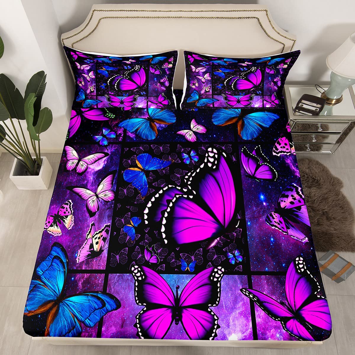 Purple Butterfly Bed Sheets Deep Pocket Queen,Mystic Galaxy Bed Sheet Set Blue Butterfly Bedding Sets For Kids Girls Teens Women,Psychedelic Starry Sky Fitted Sheet Aesthetics Flat Sheet 4 Pcs