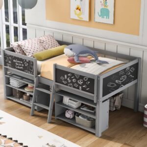 harper & bright designs kids low loft bed with 2 movable storage shelves, twin loft bed frame with chalkboard and ladder, multifunctional loft bed for kids boys&girls no box spring needed (gray)