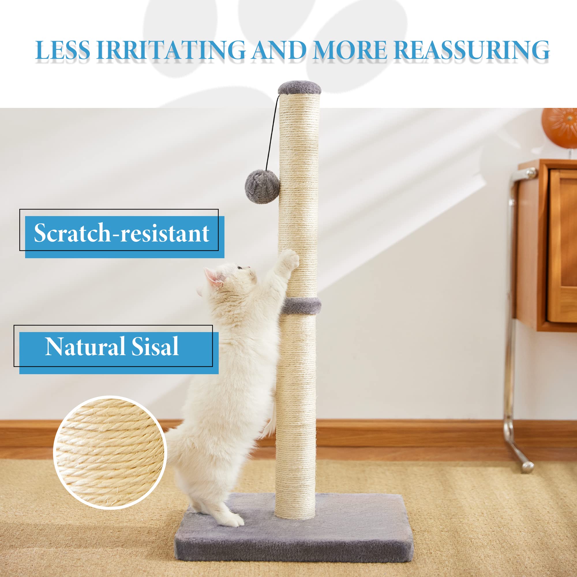 MeowHomm 32'' Tall Cat Scratching Post Cat Scratcher with Hanging Ball, Durable Cat Scratching Post for Indoor with Sisal Rope (Gray)