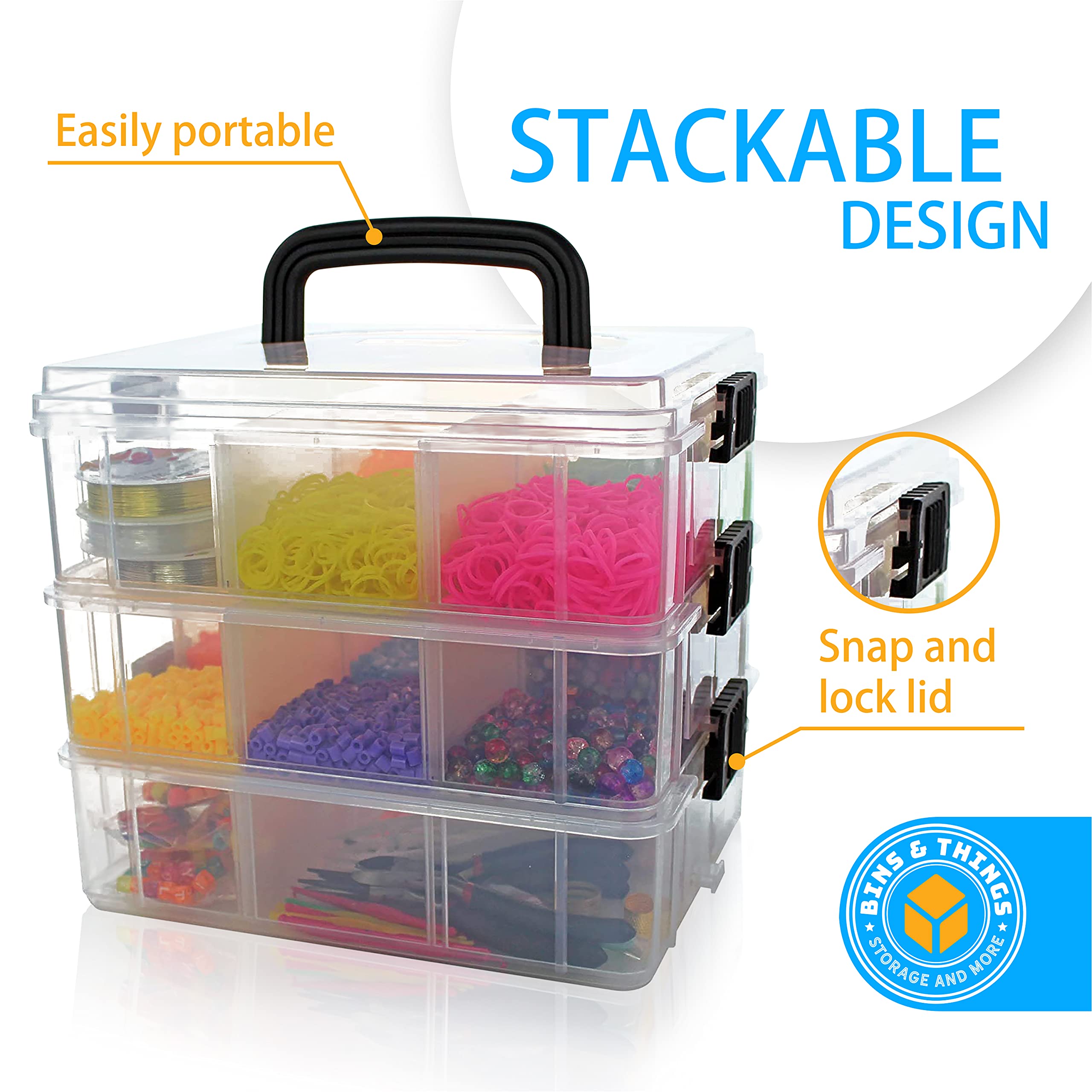 Bins & Things Stackable Storage Container Bundle with 18 & 40 Adjustable Compartments - Clear - Craft Storage/Craft Organizers and Storage - Bead Organizer Boxes/Art Supply Organizers